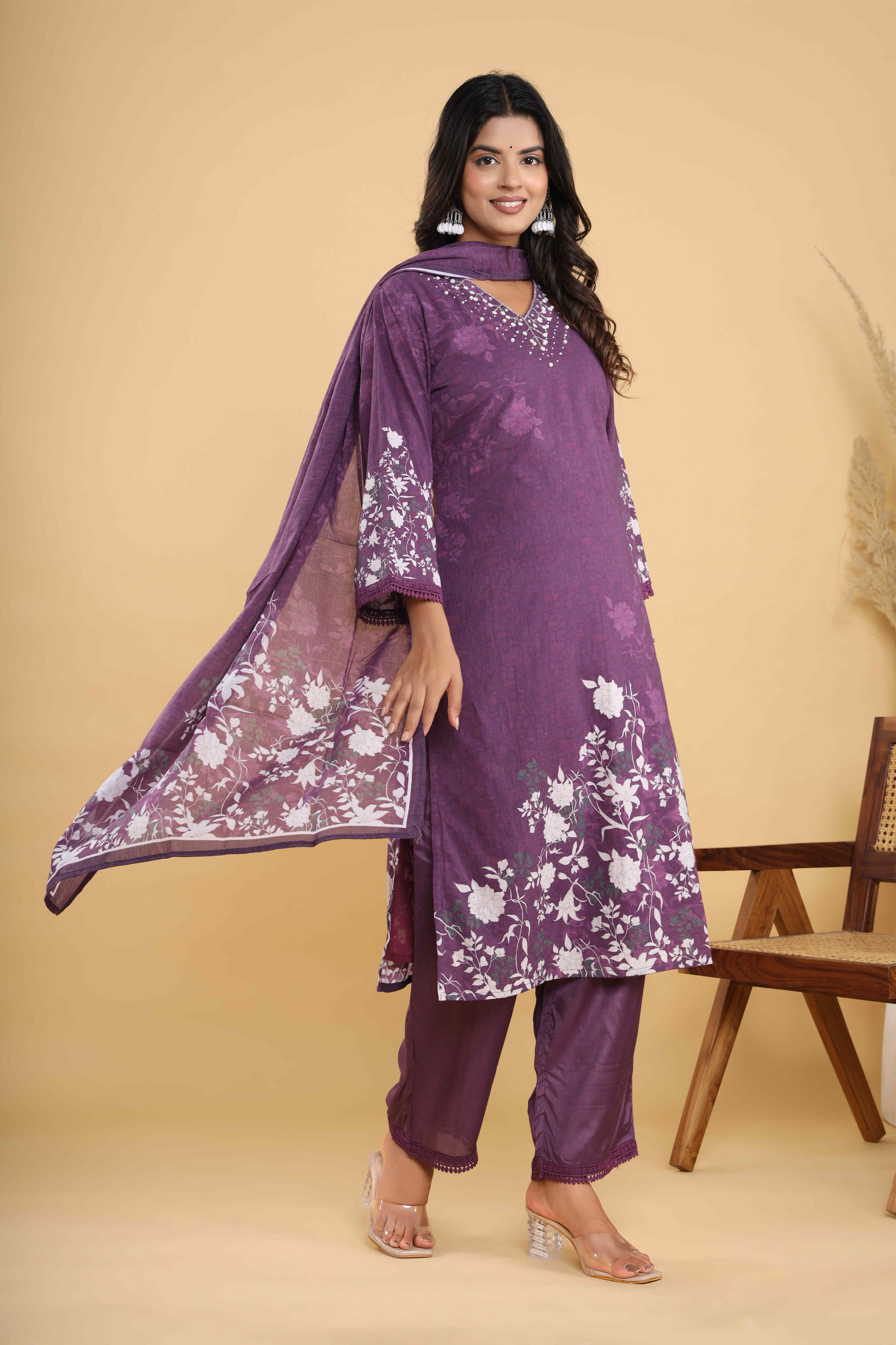 Pure Cotton Floral Printed Adda Work Straight Kurta, Trouser With Dupatta