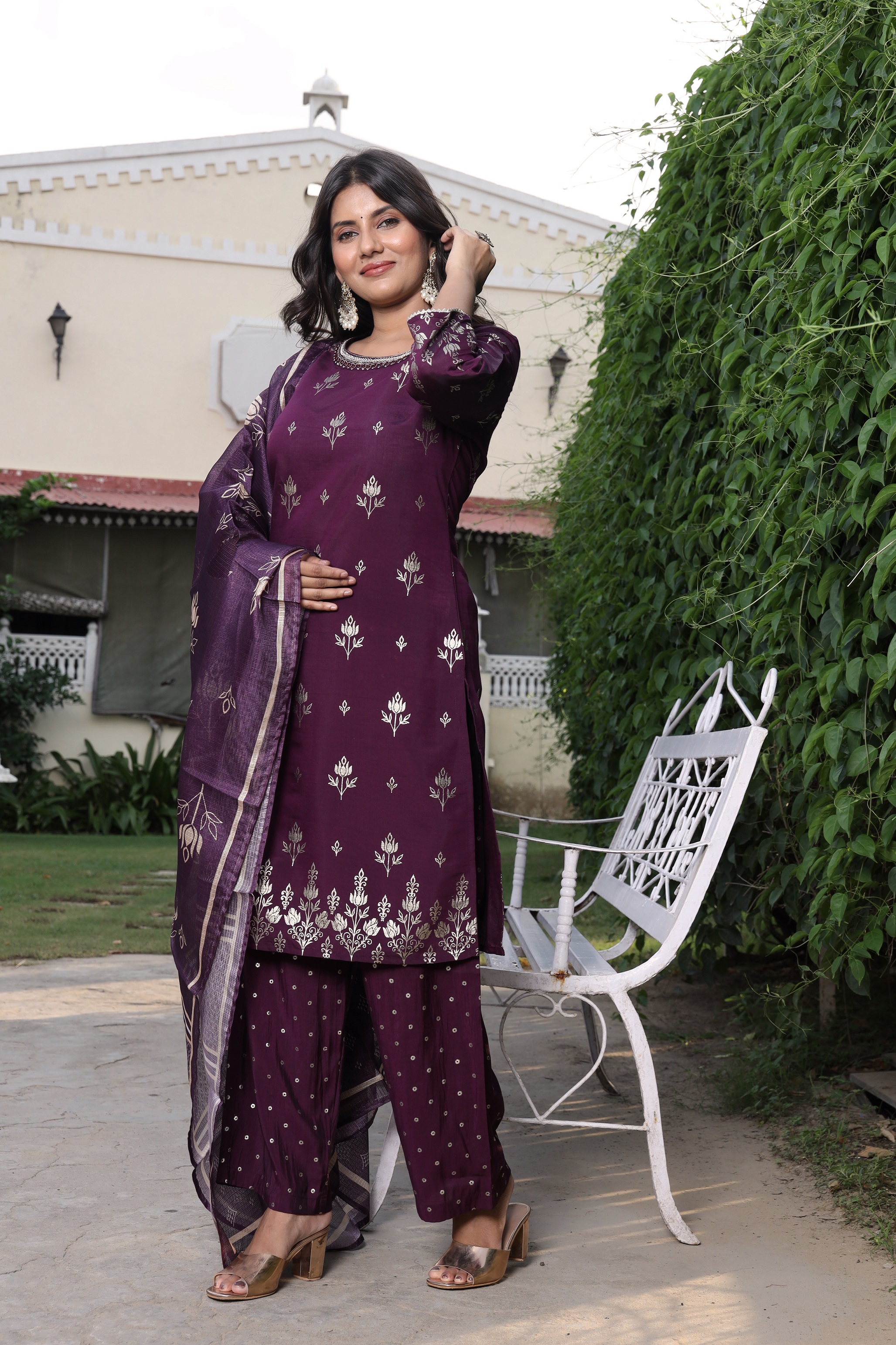Roman Silk Printed Round Neck  Straight Kurta, Pant With Dupatta