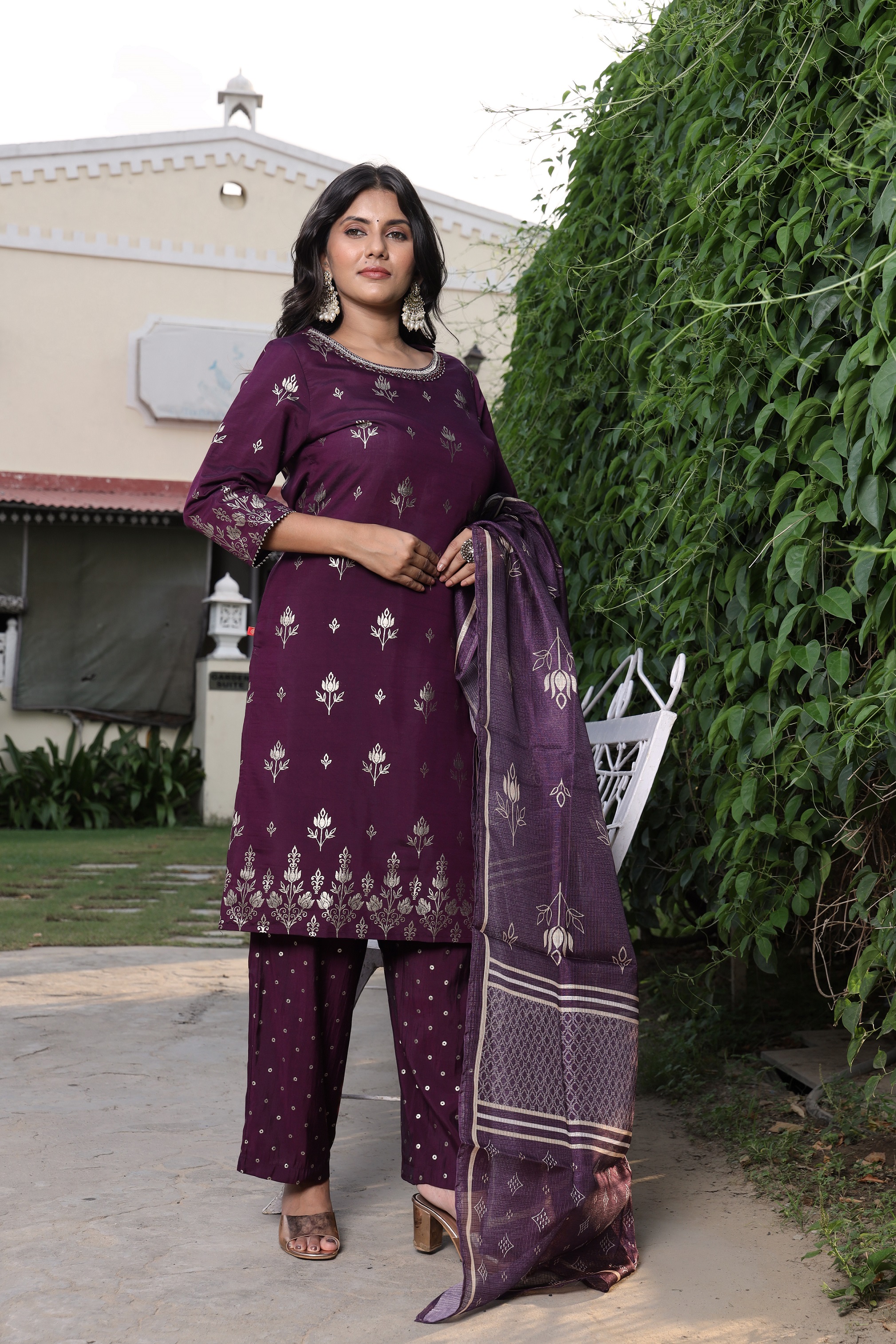 Roman Silk Printed Round Neck  Straight Kurta, Pant With Dupatta