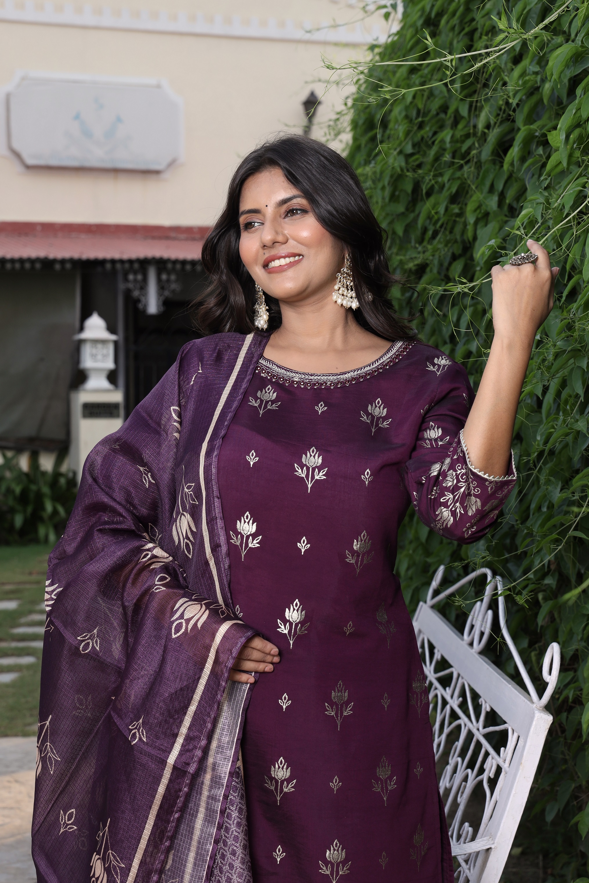 Roman Silk Printed Round Neck  Straight Kurta, Pant With Dupatta