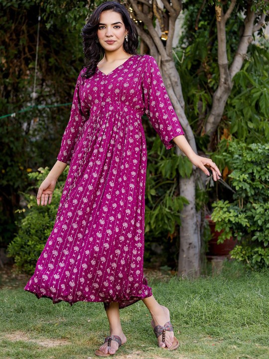 Crepe Printed Fit & Flared Maxi Ethnic Dress