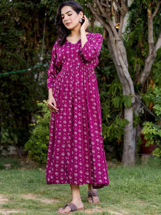 Crepe Printed Fit & Flared Maxi Ethnic Dress