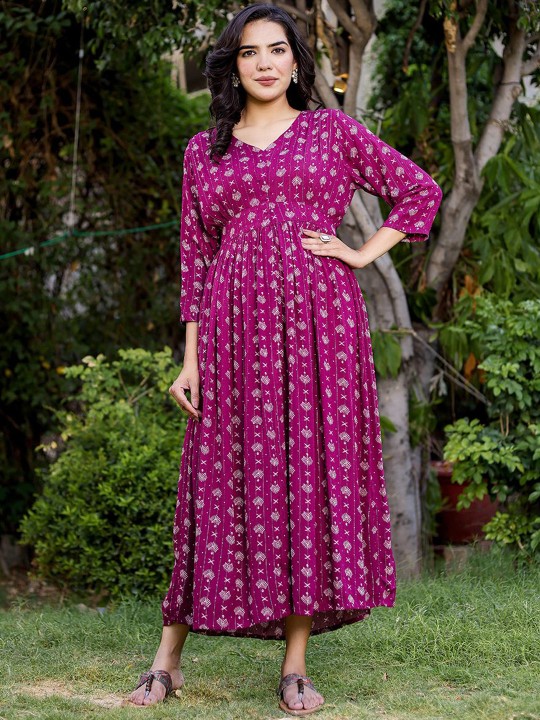 Crepe Printed Fit & Flared Maxi Ethnic Dress