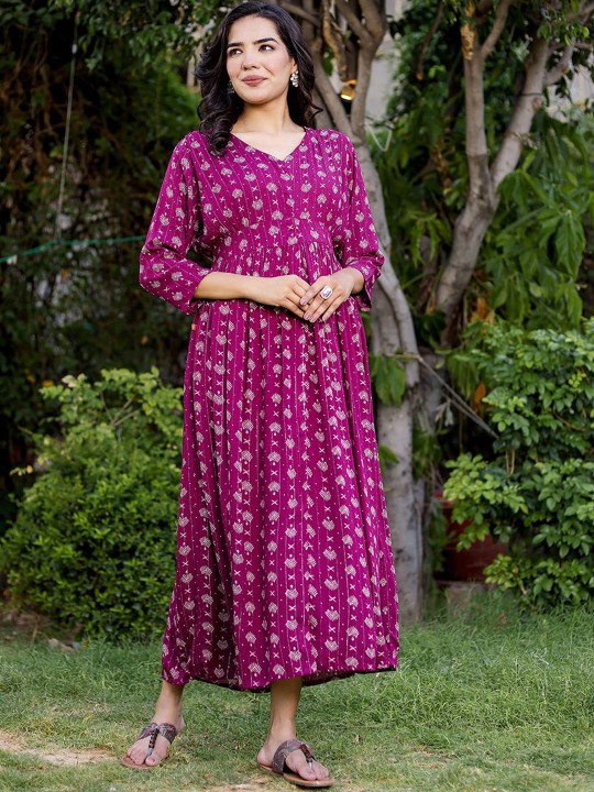 Crepe Printed Fit & Flared Maxi Ethnic Dress
