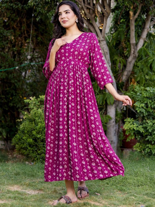Crepe Printed Fit & Flared Maxi Ethnic Dress