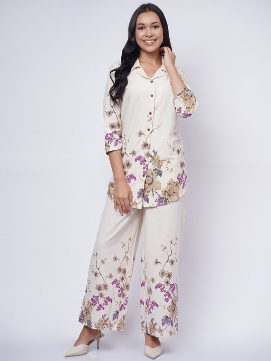 Cotton Floral Printed Collared Neck Top with Palazzo Co-Ords