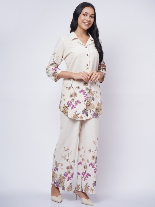 Cotton Floral Printed Collared Neck Top with Palazzo Co-Ords