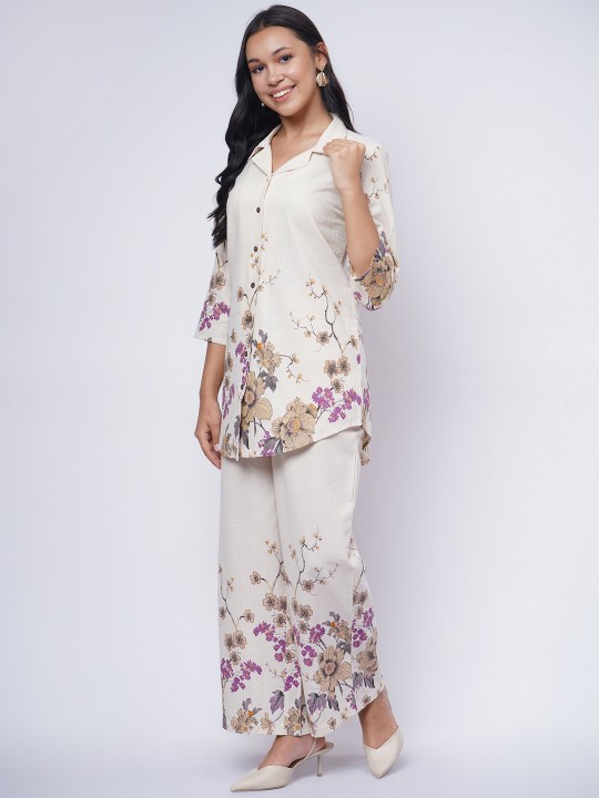 Cotton Floral Printed Collared Neck Top with Palazzo Co-Ords