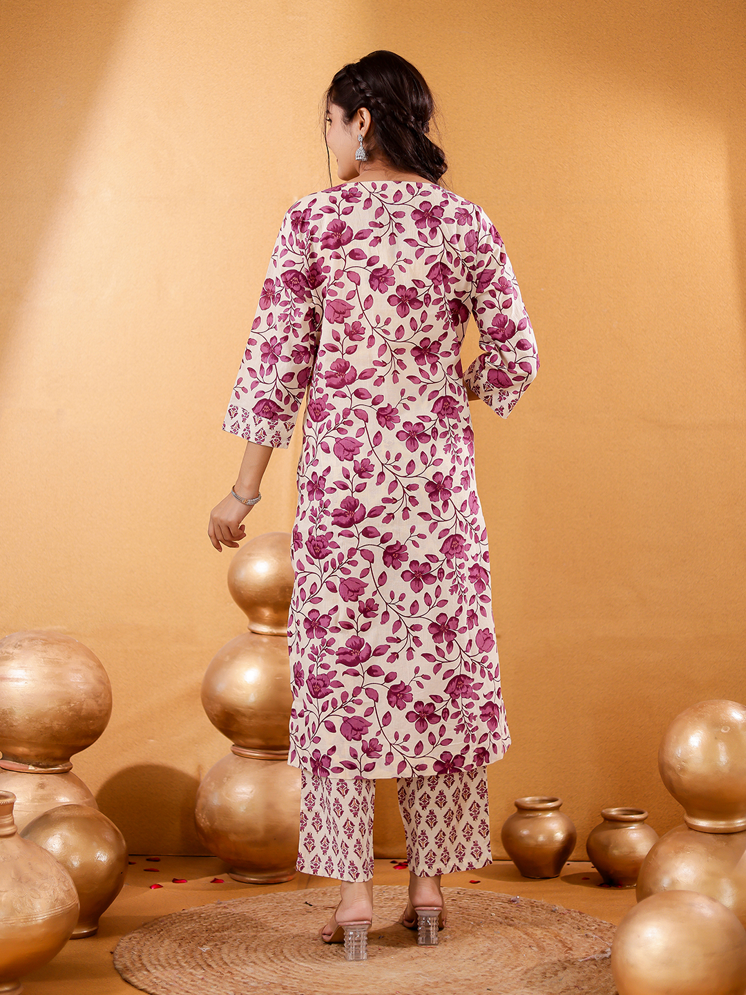 Women Floral Printed Cotton Handwaork Kurta with Trousers & Dupatta