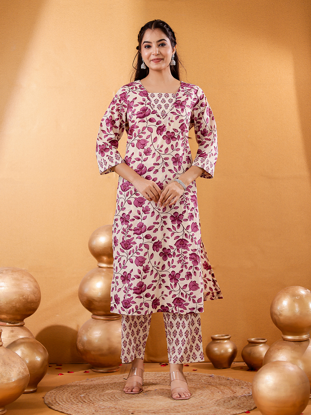 Women Floral Printed Cotton Handwaork Kurta with Trousers & Dupatta