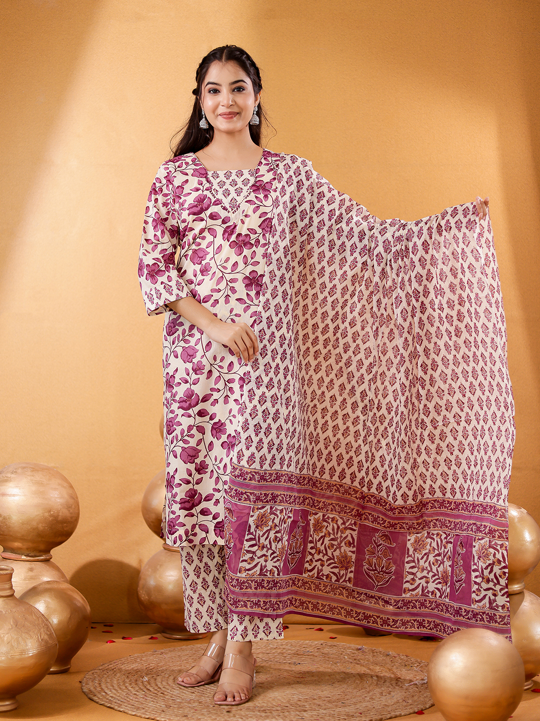 Women Floral Printed Cotton Handwaork Kurta with Trousers & Dupatta