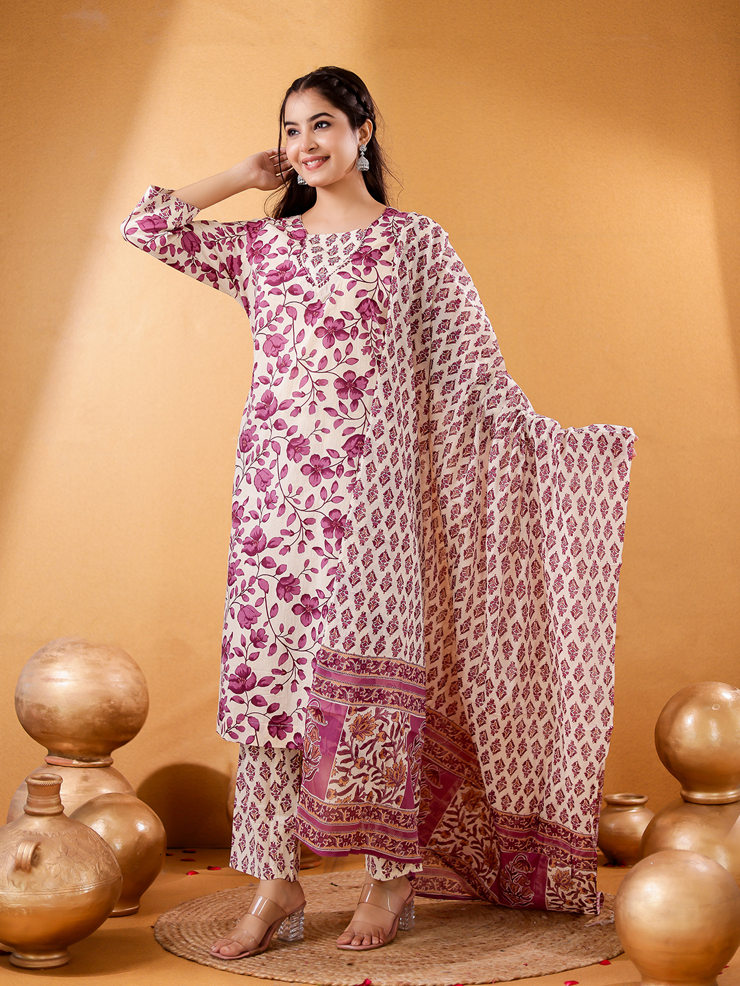Women Floral Printed Cotton Handwaork Kurta with Trousers & Dupatta