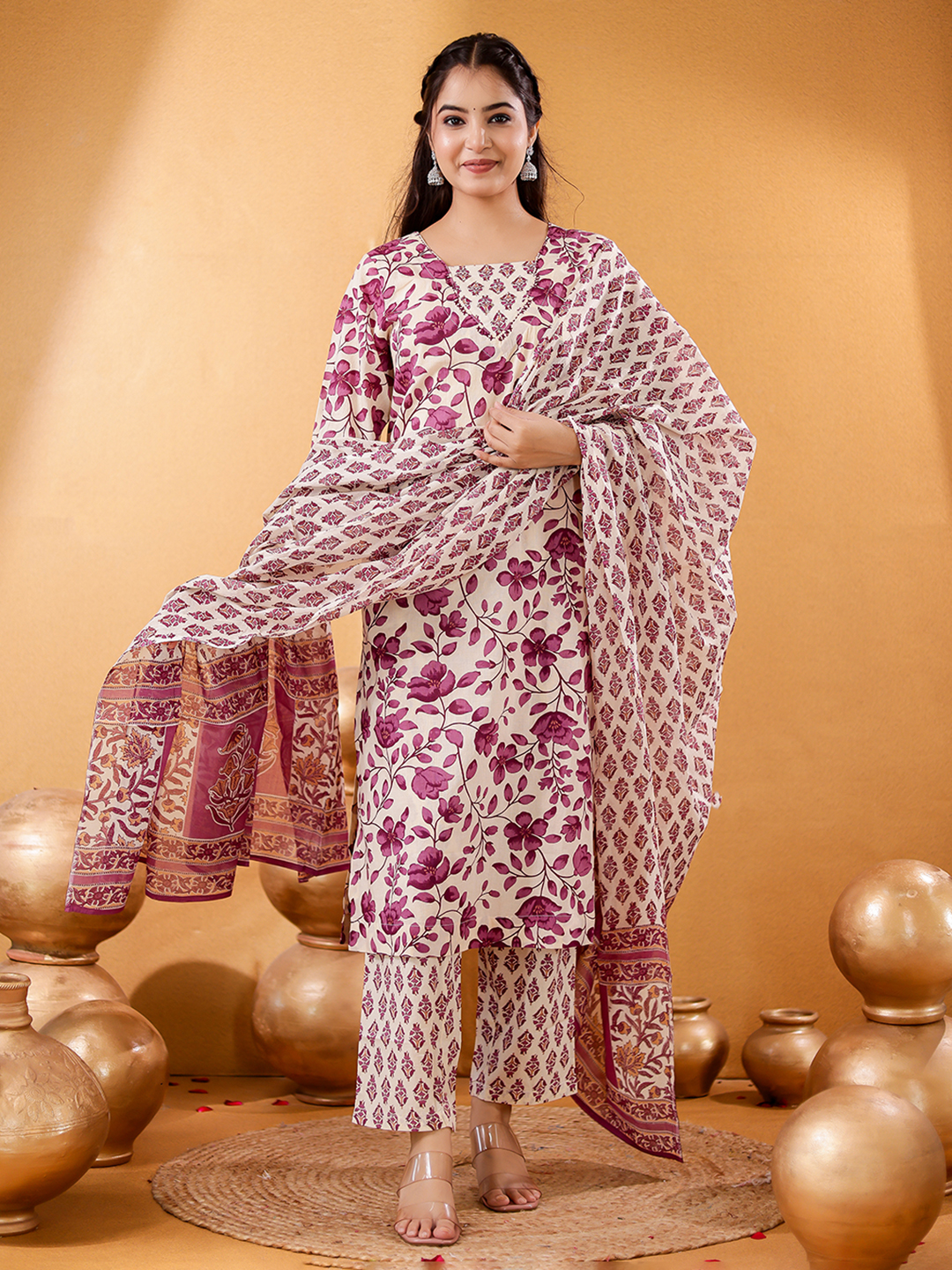 Women Floral Printed Cotton Handwaork Kurta with Trousers & Dupatta