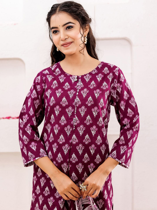 Women Floral Printed Pure Cotton Straight Kurta With Trousers & Dupatta Set