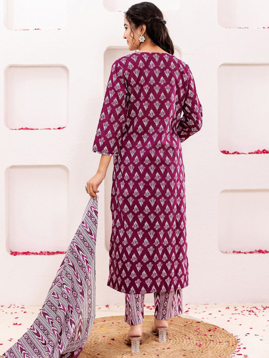 Women Floral Printed Pure Cotton Straight Kurta With Trousers & Dupatta Set