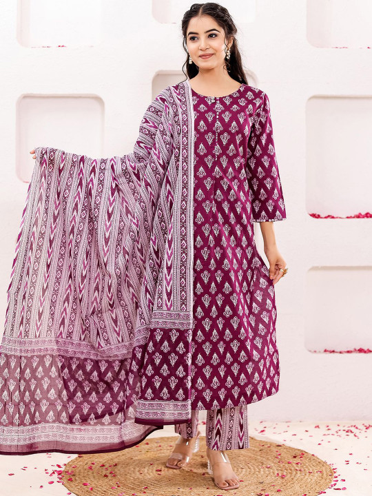 Women Floral Printed Pure Cotton Straight Kurta With Trousers & Dupatta Set