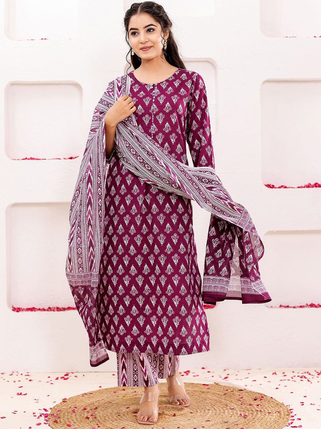 Women Floral Printed Pure Cotton Straight Kurta With Trousers & Dupatta Set