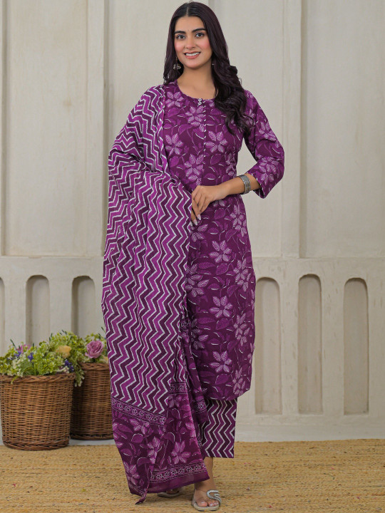 Women Floral Printed Pure Cotton Straight Kurta With Trousers & Dupatta Set