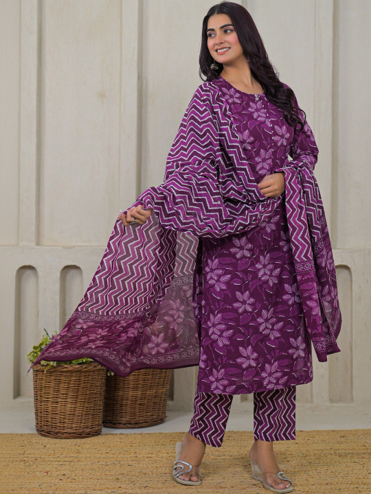 Women Floral Printed Pure Cotton Straight Kurta With Trousers & Dupatta Set