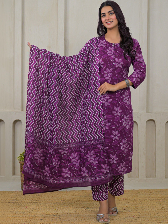 Women Floral Printed Pure Cotton Straight Kurta With Trousers & Dupatta Set