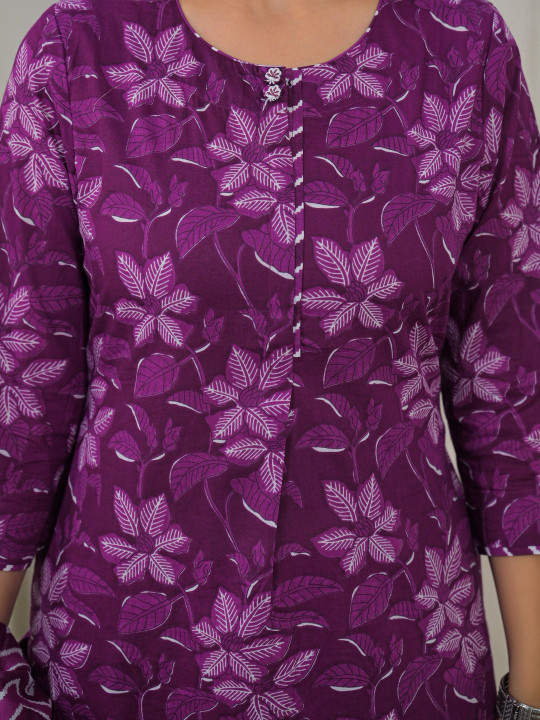 Women Floral Printed Pure Cotton Straight Kurta With Trousers & Dupatta Set