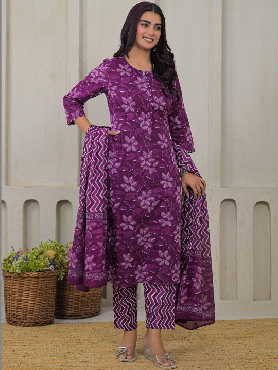 Women Floral Printed Pure Cotton Straight Kurta With Trousers & Dupatta Set