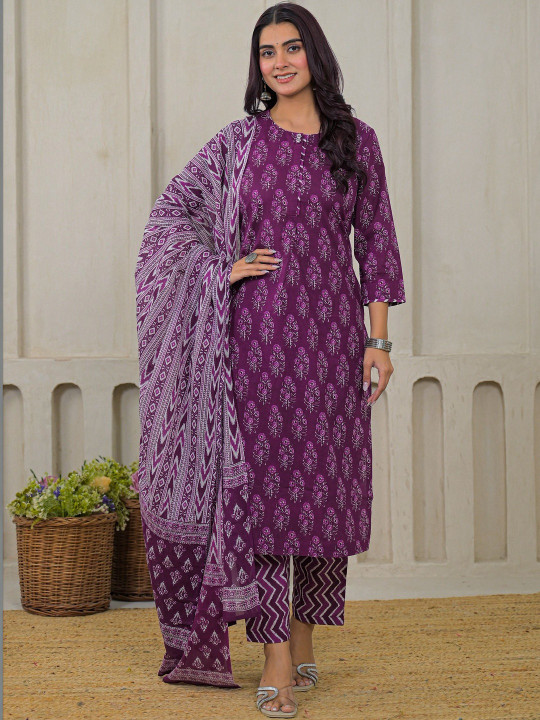 Women Floral Printed Pure Cotton Straight Kurta With Trousers & Dupatta Set