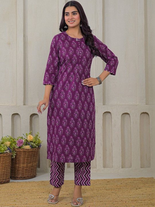 Women Floral Printed Pure Cotton Straight Kurta With Trousers & Dupatta Set