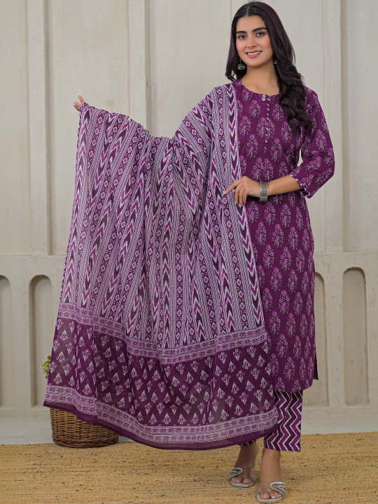 Women Floral Printed Pure Cotton Straight Kurta With Trousers & Dupatta Set Hover
