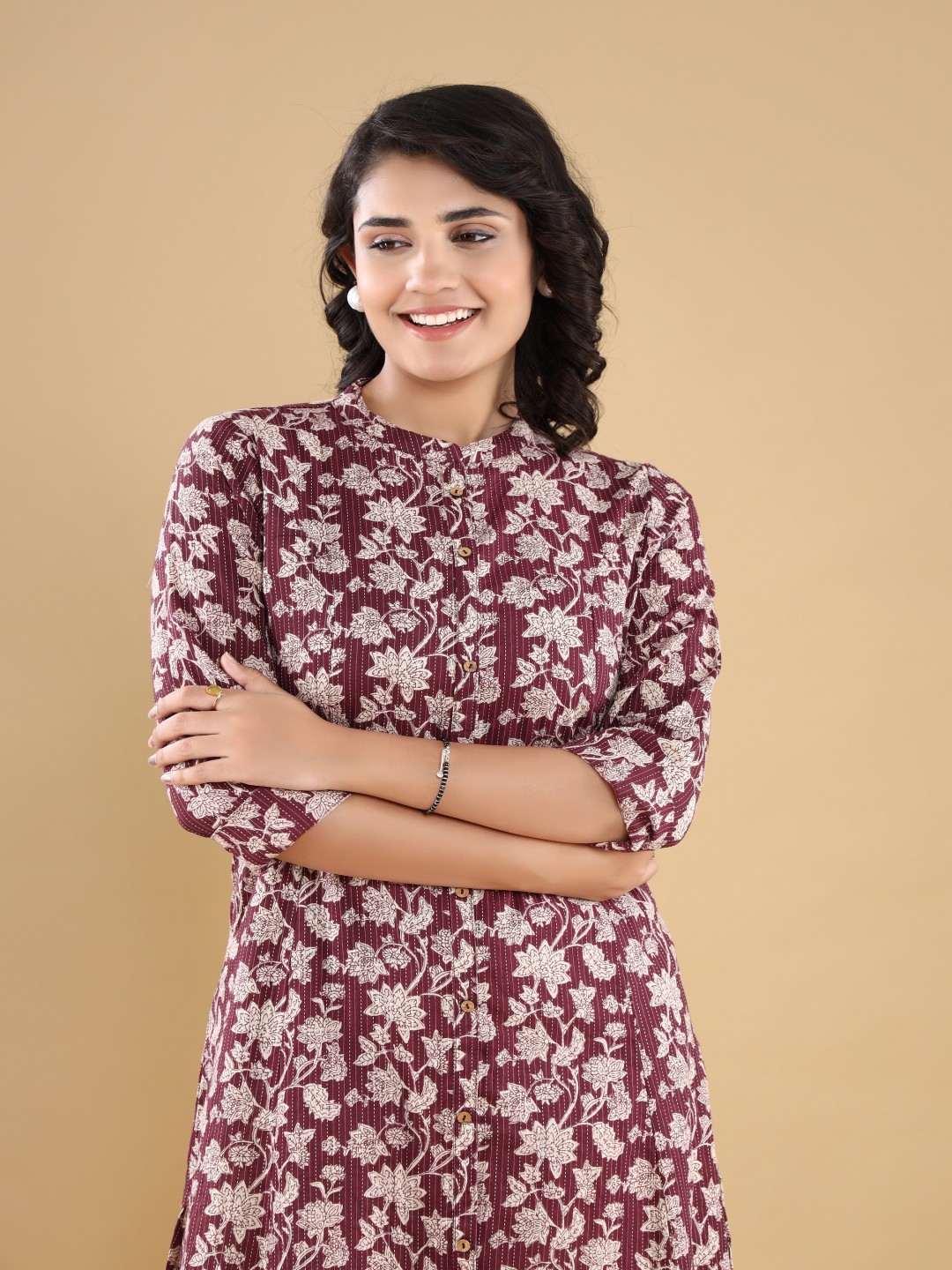 VASVI Floral Printed Mandarin Collar Kantha Work A-Line Kurta