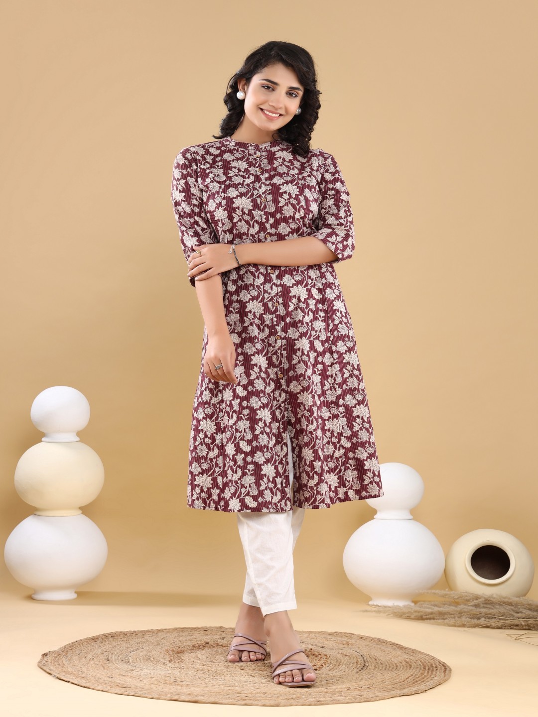 VASVI Floral Printed Mandarin Collar Kantha Work A-Line Kurta