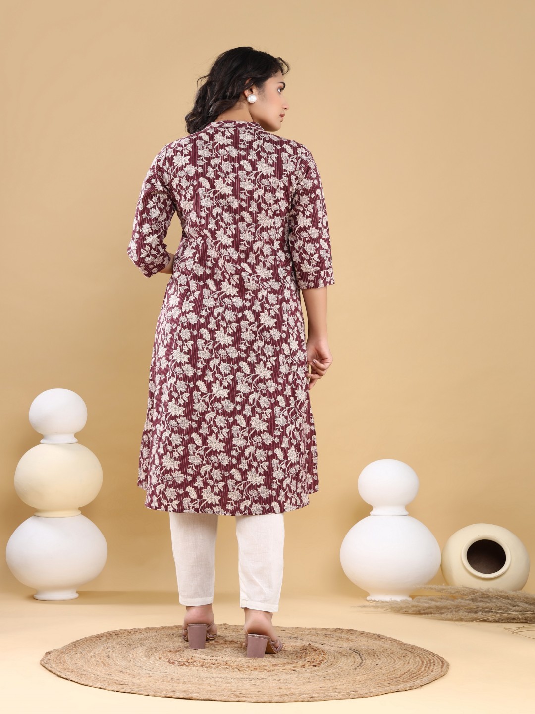 VASVI Floral Printed Mandarin Collar Kantha Work A-Line Kurta