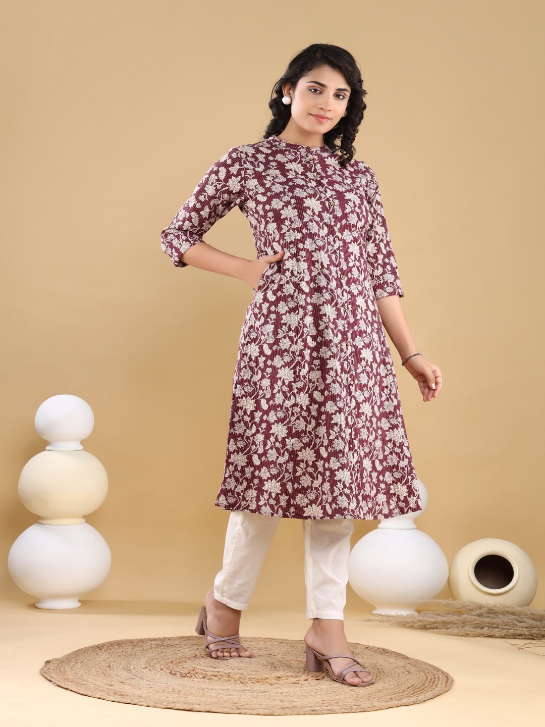 VASVI Floral Printed Mandarin Collar Kantha Work A-Line Kurta