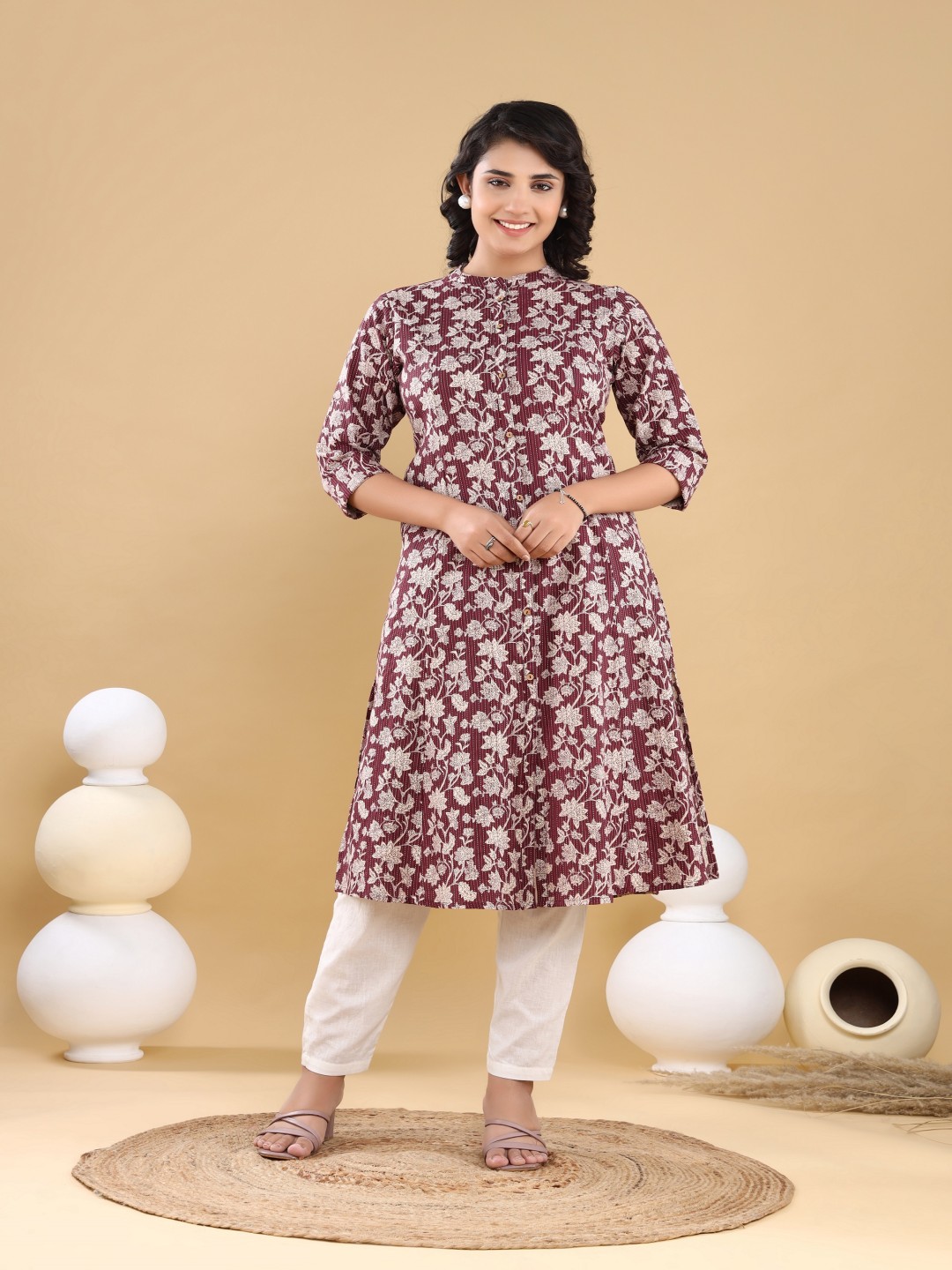 VASVI Floral Printed Mandarin Collar Kantha Work A-Line Kurta