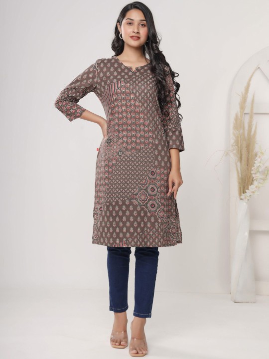 Floral Printed Notch Neck Cotton Straight Kurta