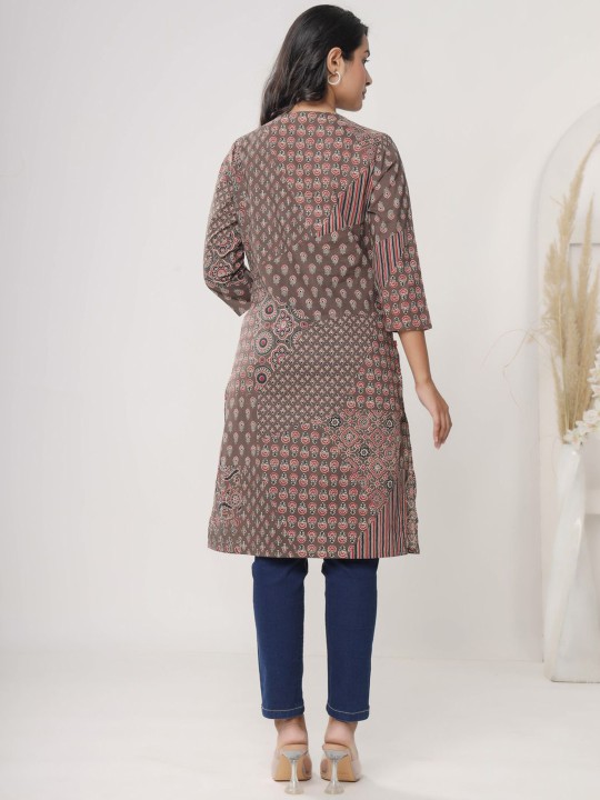 Floral Printed Notch Neck Cotton Straight Kurta