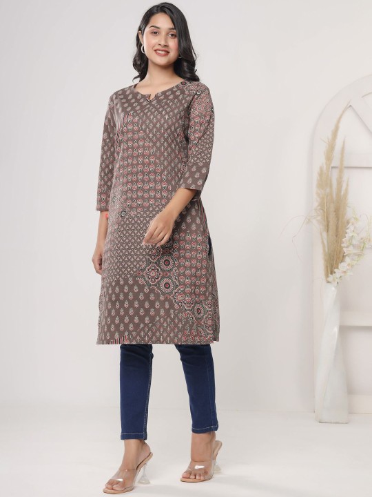 Floral Printed Notch Neck Cotton Straight Kurta