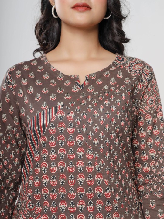 Floral Printed Notch Neck Cotton Straight Kurta