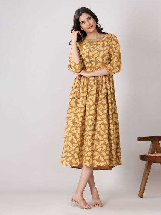 Cotton Ethnic Motifs Print A-Line Midi Dress