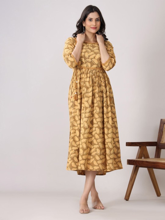 Cotton Ethnic Motifs Print A-Line Midi Dress Hover