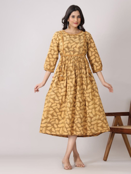 Cotton Ethnic Motifs Print A-Line Midi Dress