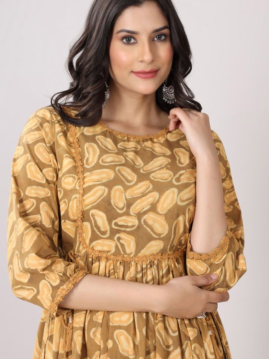 Cotton Ethnic Motifs Print A-Line Midi Dress
