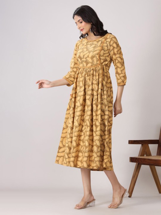 Cotton Ethnic Motifs Print A-Line Midi Dress