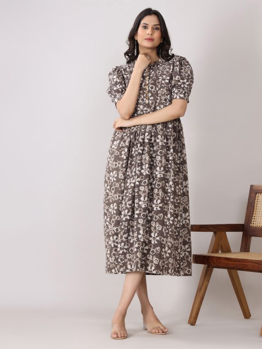 Cotton Floral Print Puff Sleeve A-Line Midi Dress