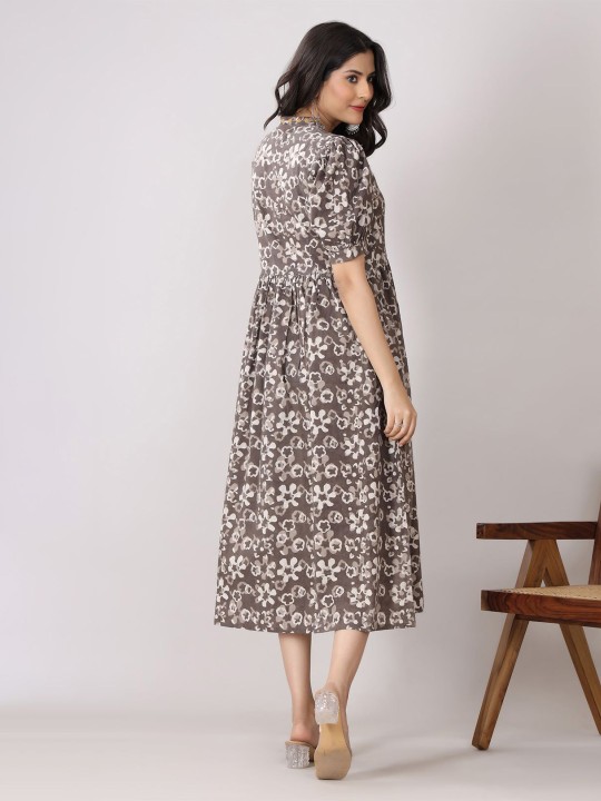 Cotton Floral Print Puff Sleeve A-Line Midi Dress Hover