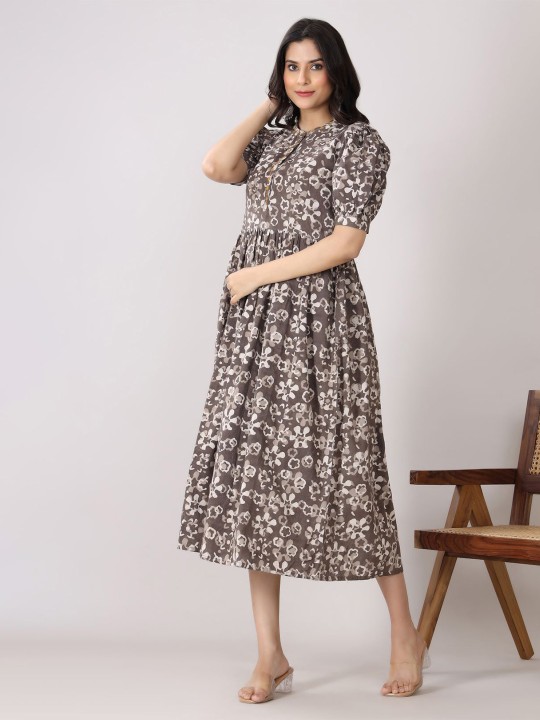 Cotton Floral Print Puff Sleeve A-Line Midi Dress