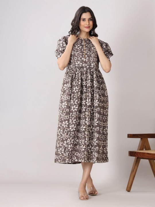 Cotton Floral Print Puff Sleeve A-Line Midi Dress