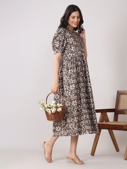 Cotton Floral Print Puff Sleeve A-Line Midi Dress