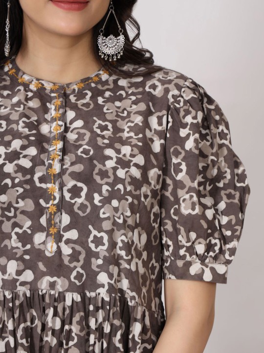 Cotton Floral Print Puff Sleeve A-Line Midi Dress