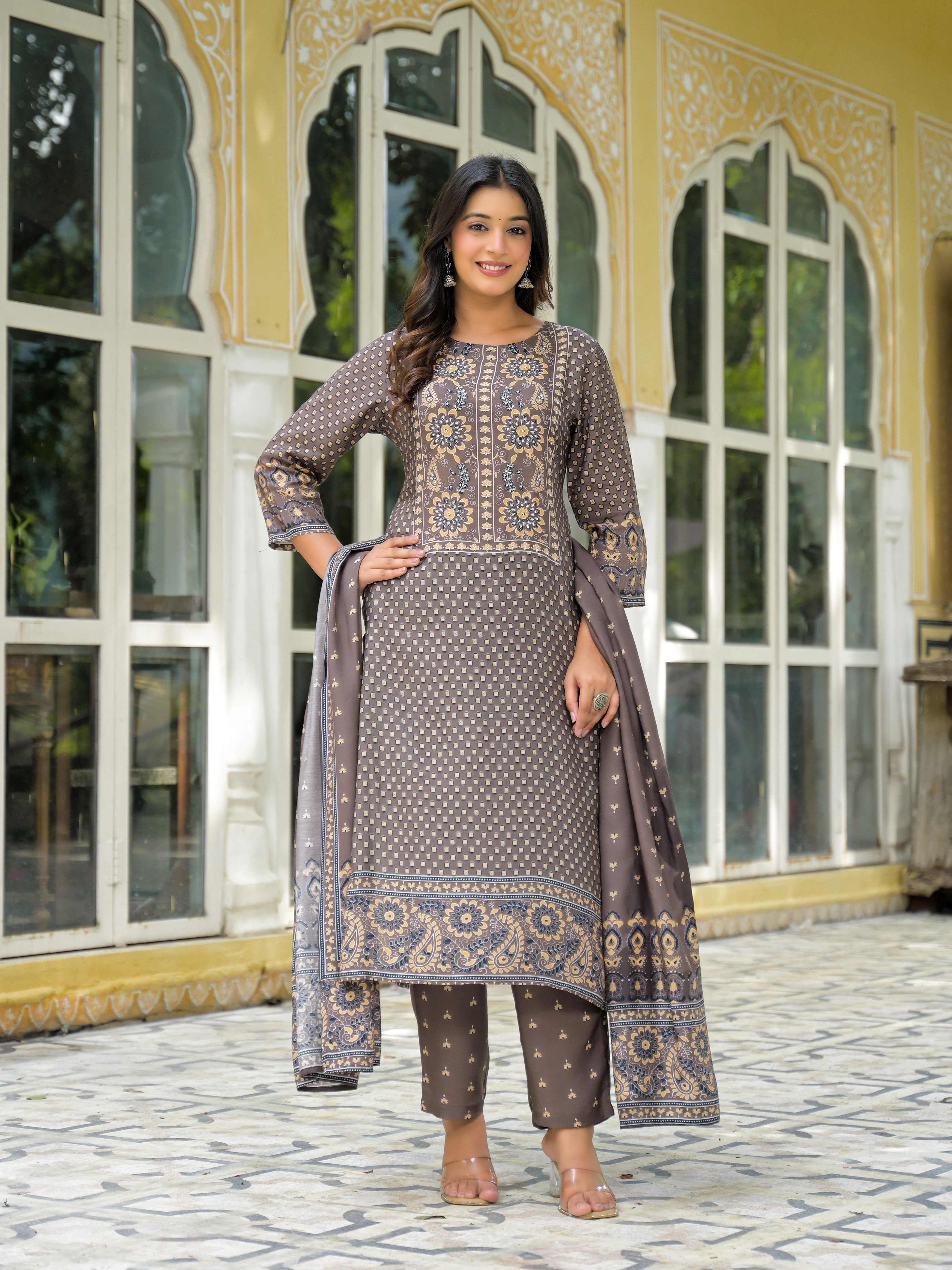 Ethnic Motifs Printed Round Neck Beads & Stones Work Muslin Kurta With Trousers & Dupatta